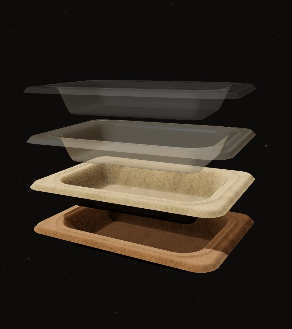Render of a moulded fibre tray separating into its layers